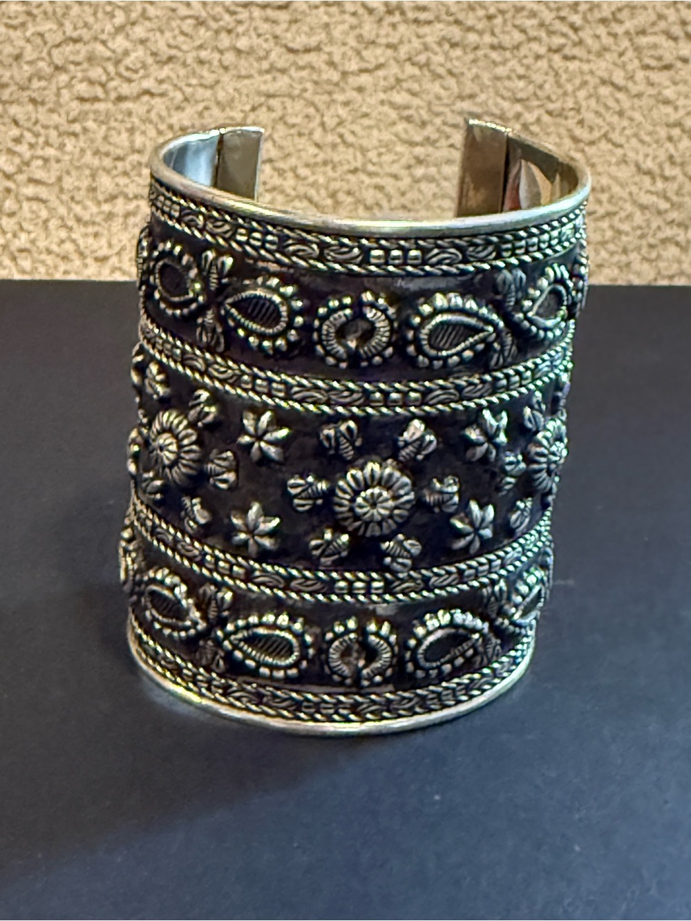 Silver-Tone Floral Filigree Cuff Bracelet - Black and Silver